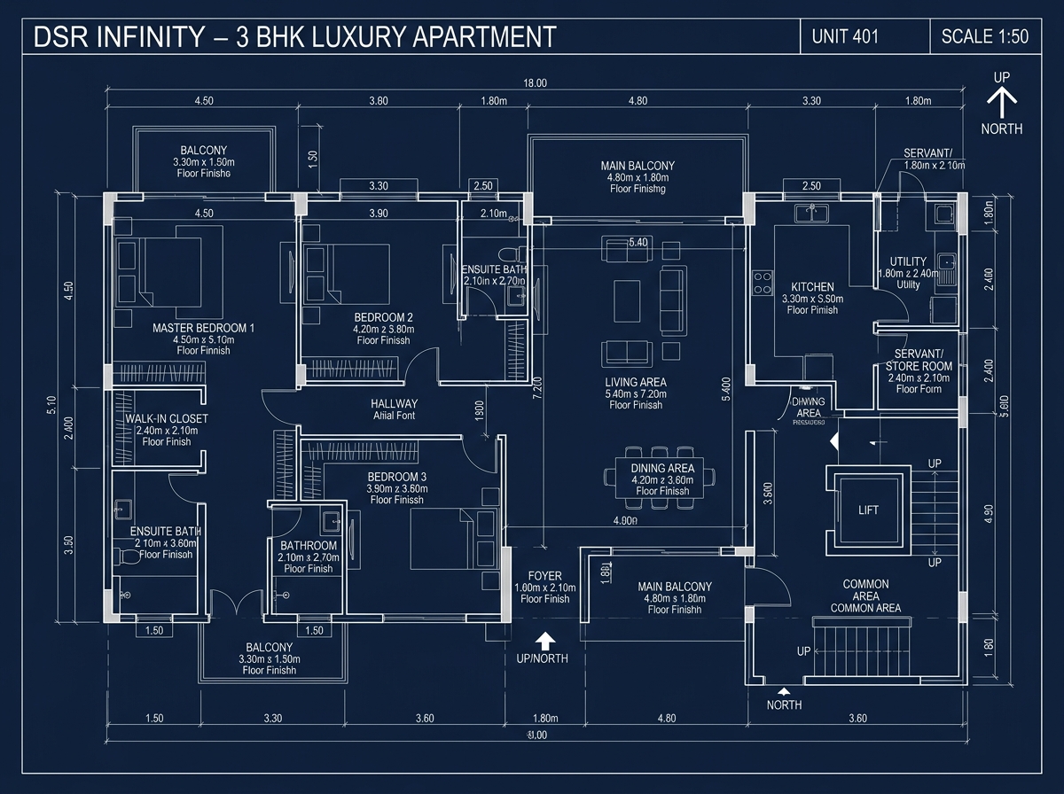 3 BHK Luxury Apartment Floor Plan Blueprint